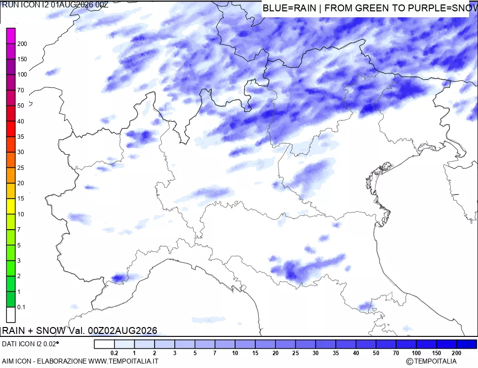 mappa Precipitazioni totali e nevose 24 ore precedenti