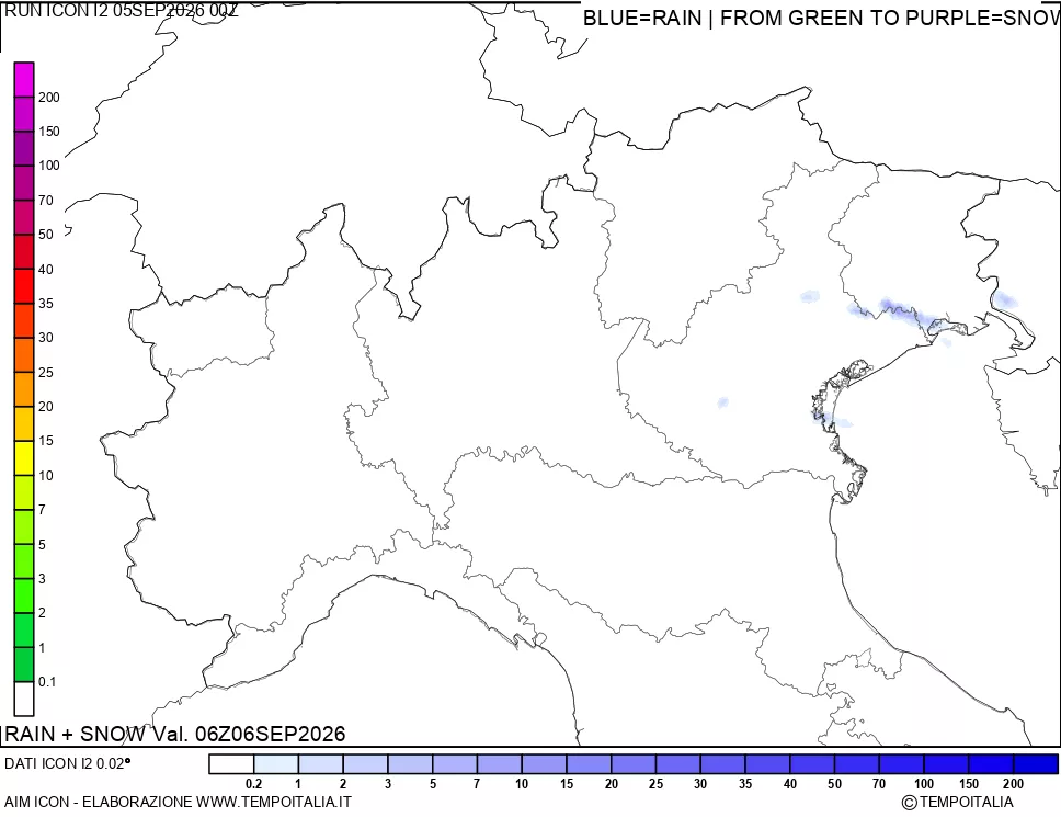 mappa Precipitazioni totali e nevose 24 ore precedenti