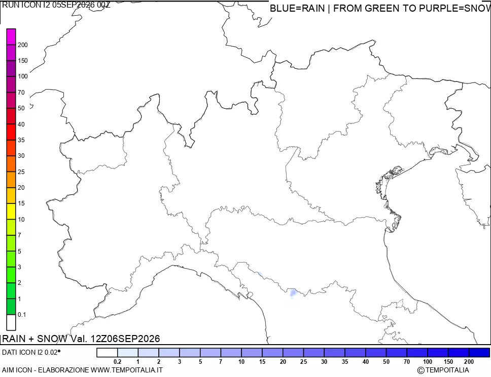 mappa Precipitazioni totali e nevose 24 ore precedenti