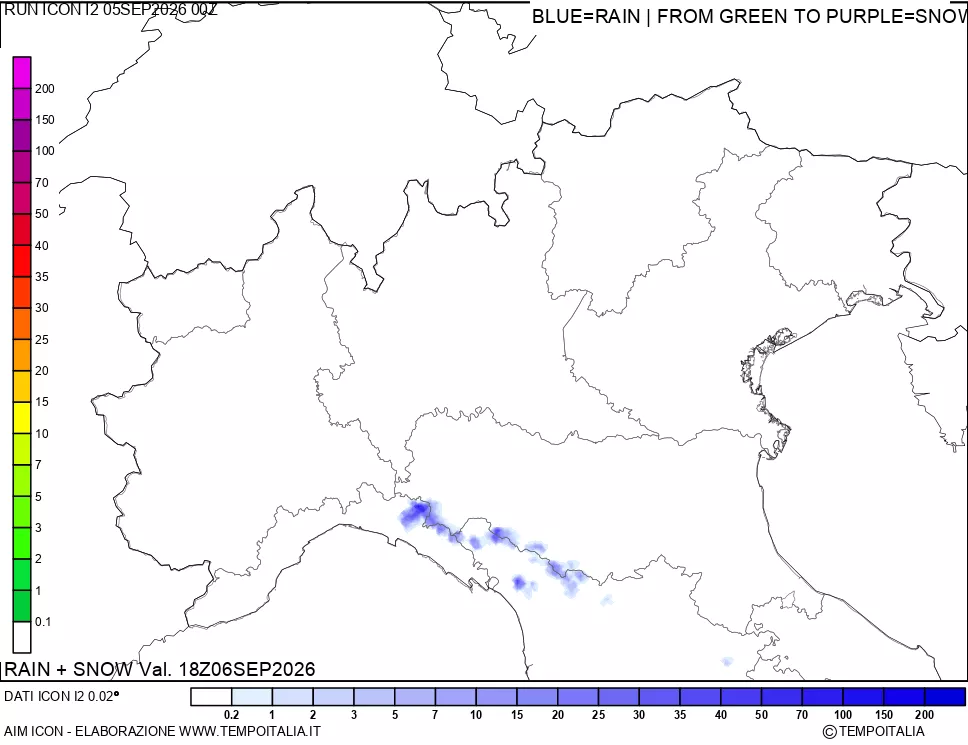 mappa Precipitazioni totali e nevose 24 ore precedenti