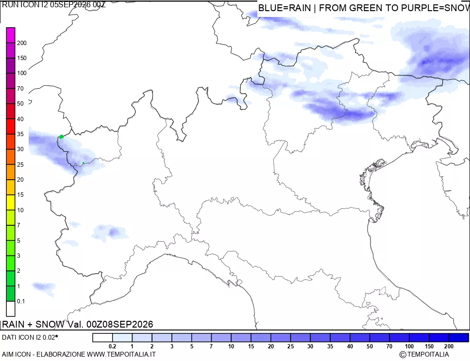 mappa Precipitazioni totali e nevose 24 ore precedenti