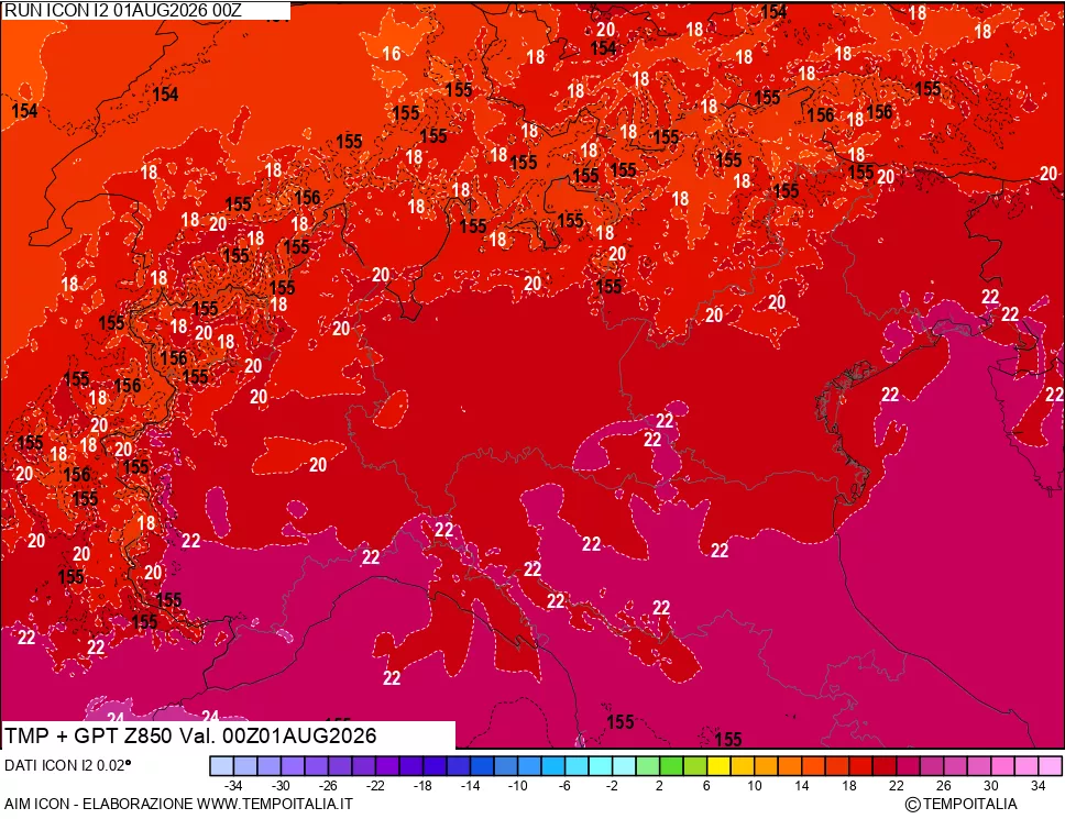 mappa 850 hPa Temp + GPT