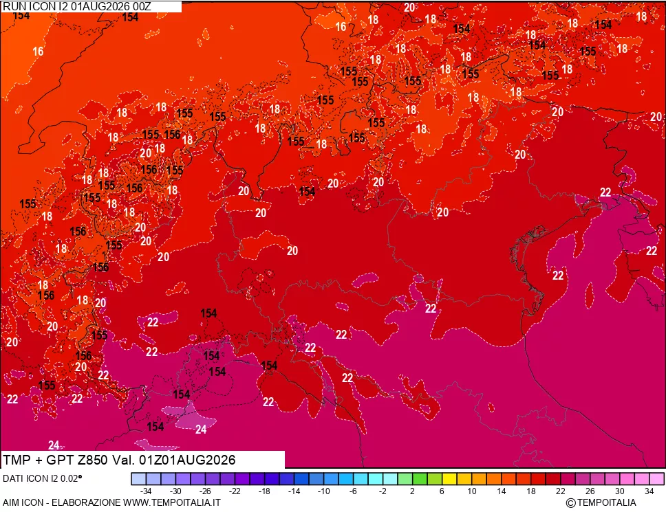 mappa 850 hPa Temp + GPT