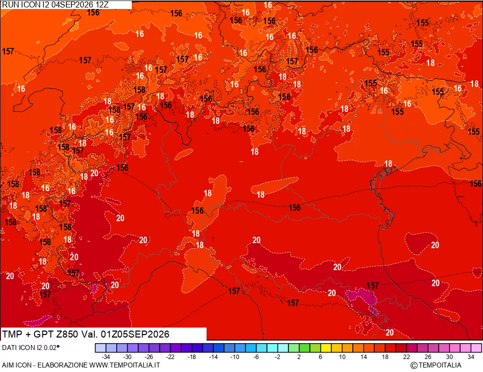 mappa 850 hPa Temp + GPT