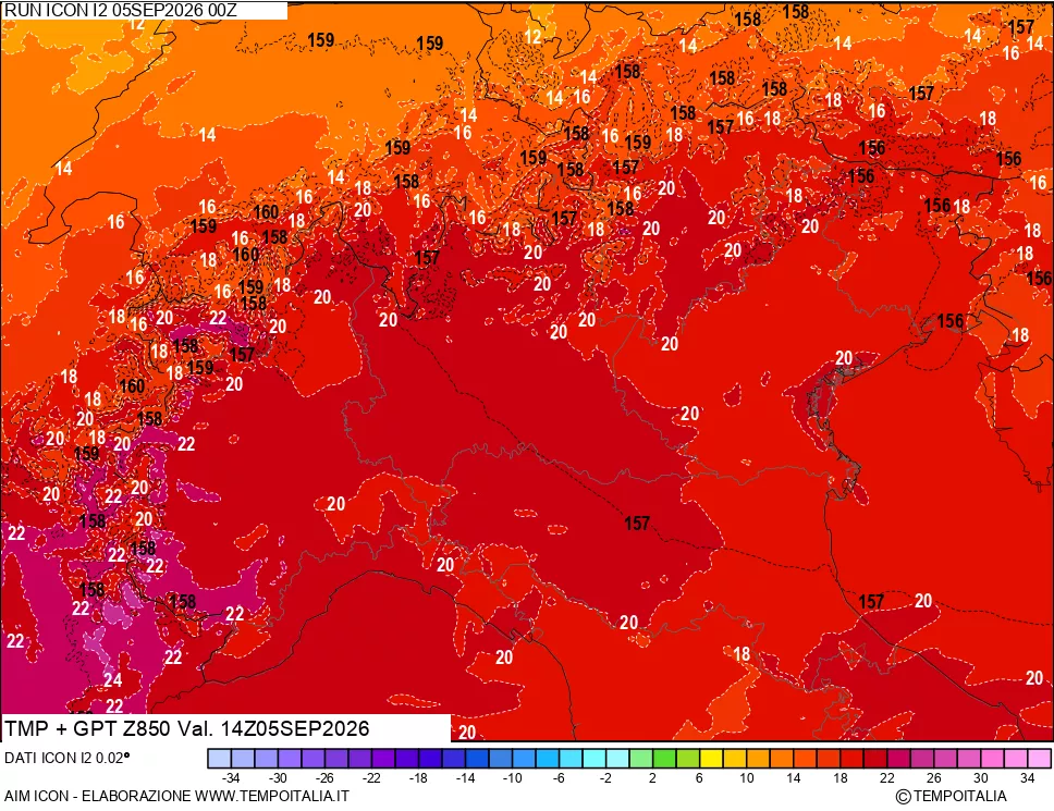 mappa 850 hPa Temp + GPT