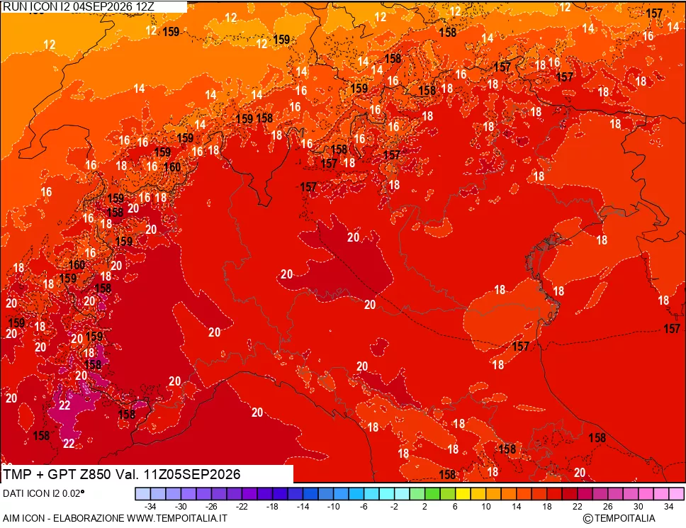 mappa 850 hPa Temp + GPT