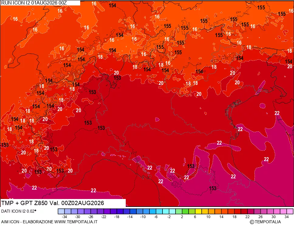 mappa 850 hPa Temp + GPT