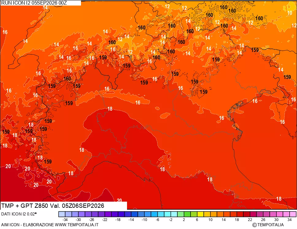 mappa 850 hPa Temp + GPT