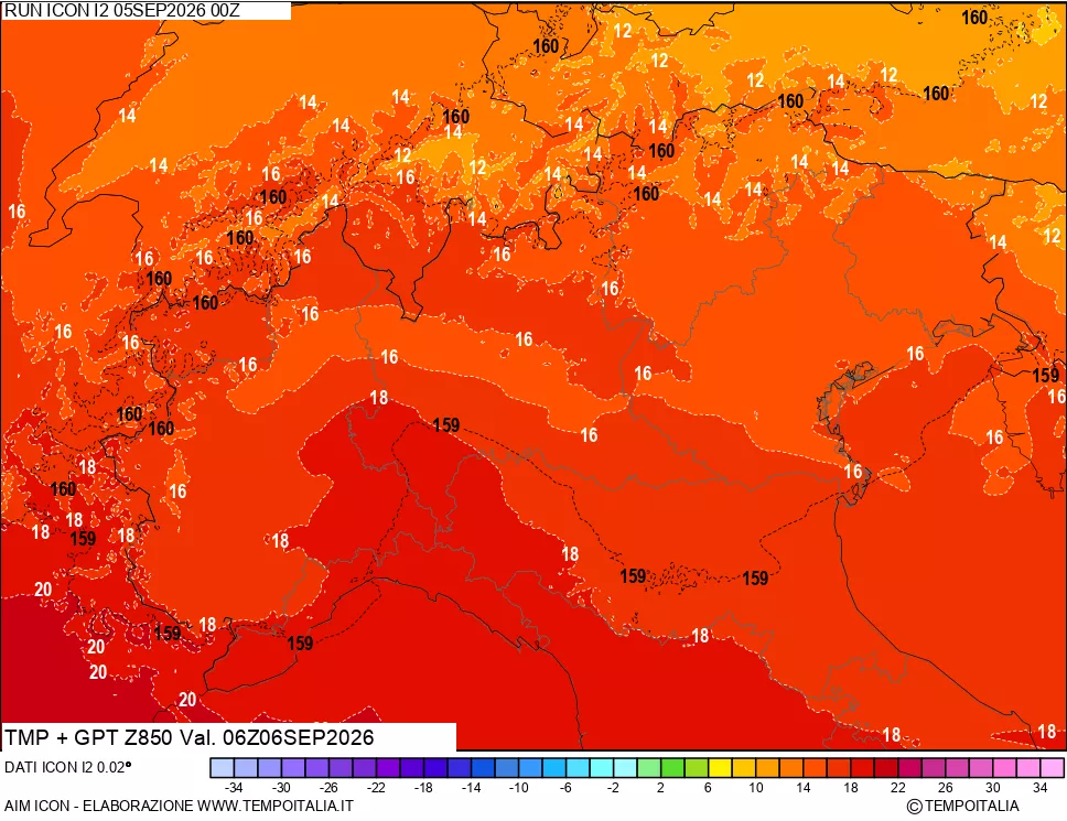 mappa 850 hPa Temp + GPT