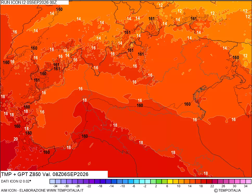 mappa 850 hPa Temp + GPT