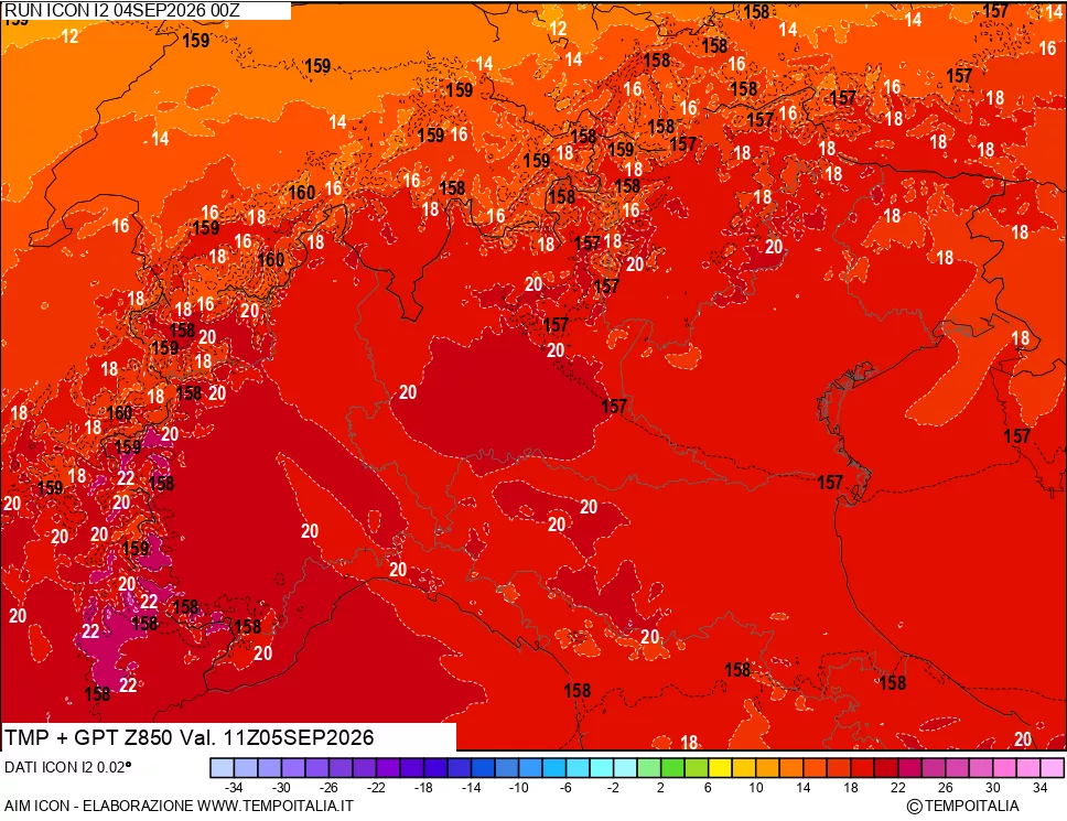 mappa 850 hPa Temp + GPT