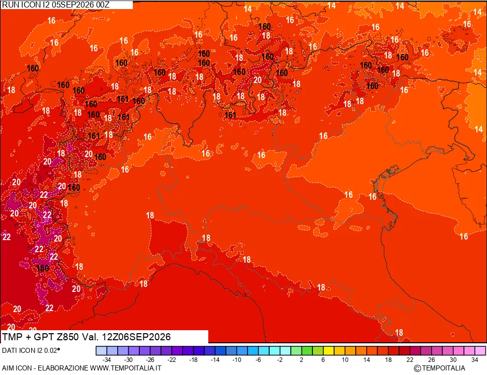 mappa 850 hPa Temp + GPT