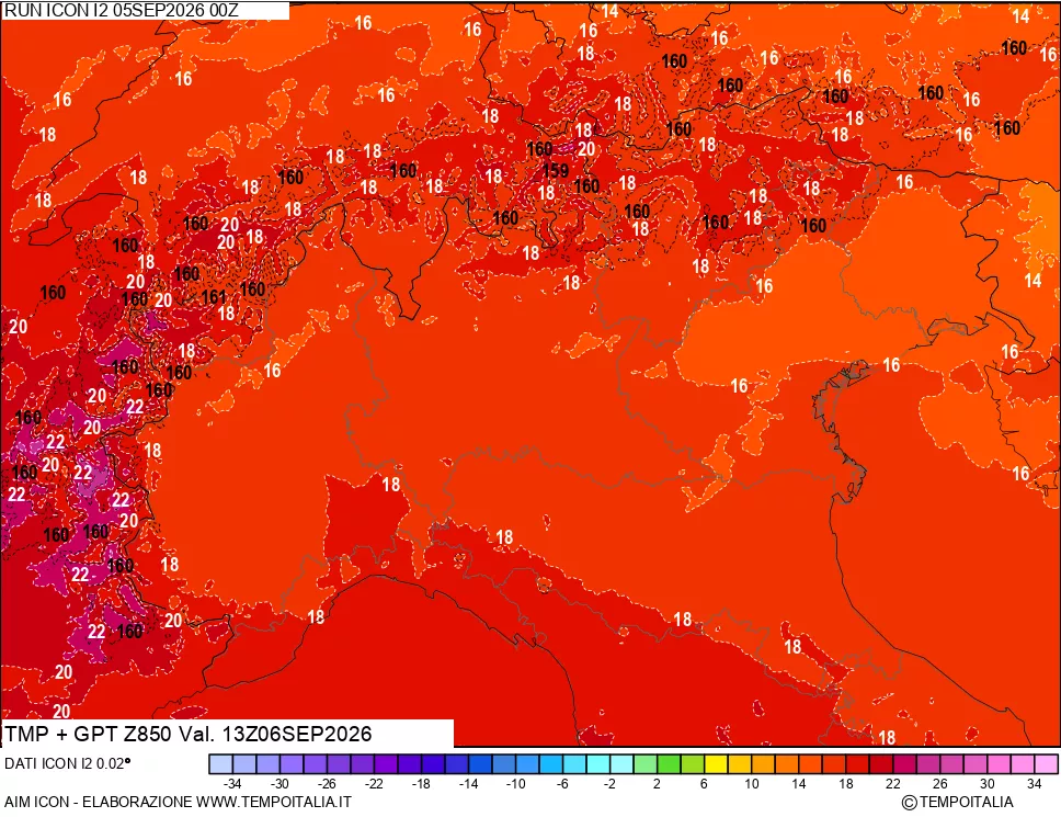 mappa 850 hPa Temp + GPT
