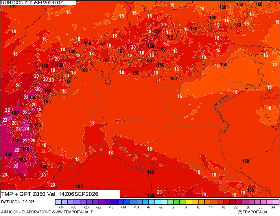 mappa 850 hPa Temp + GPT