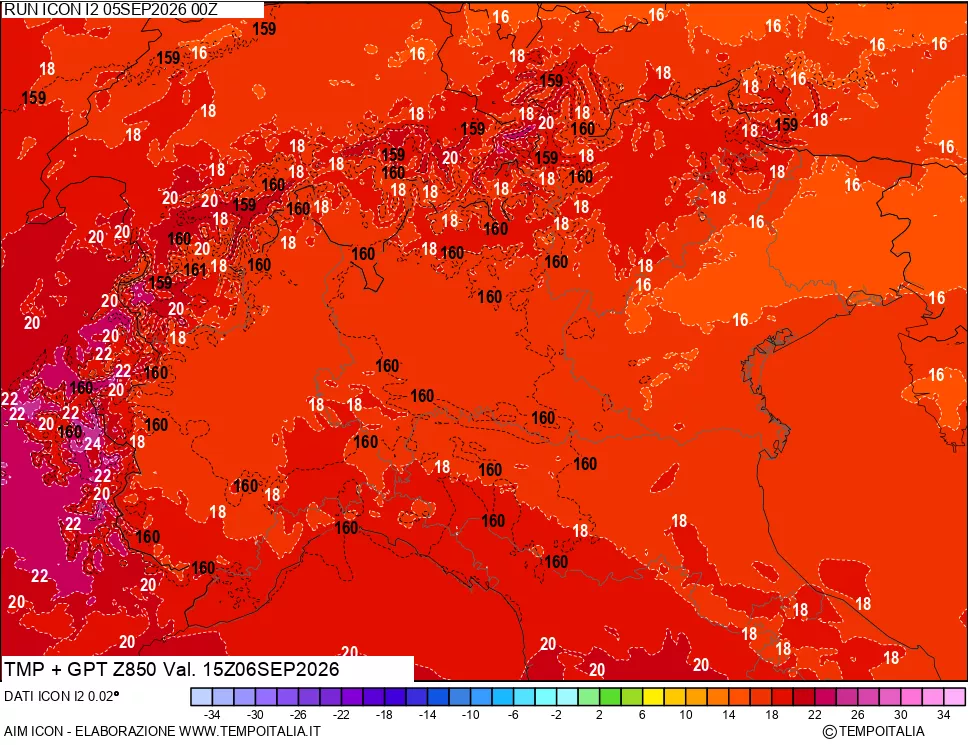 mappa 850 hPa Temp + GPT