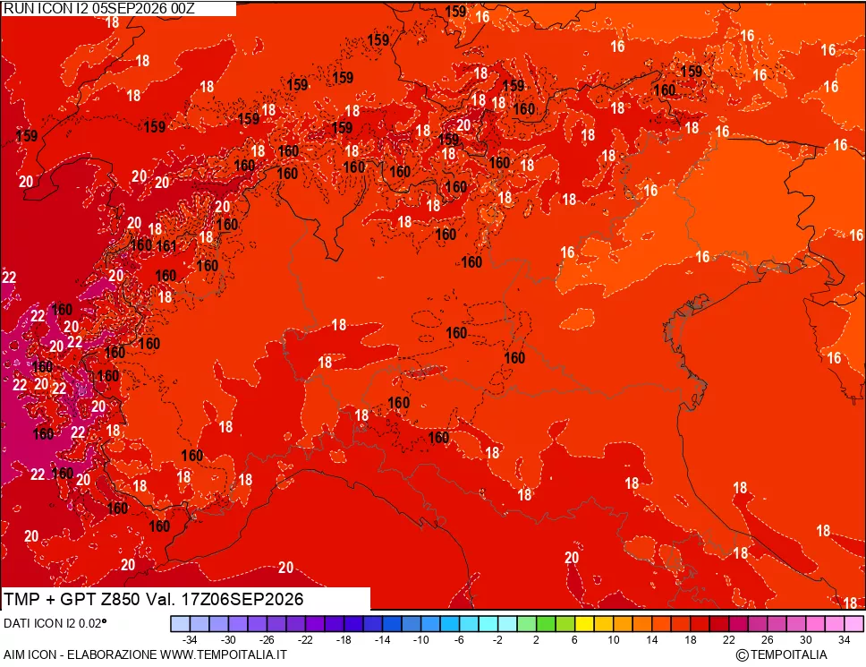 mappa 850 hPa Temp + GPT