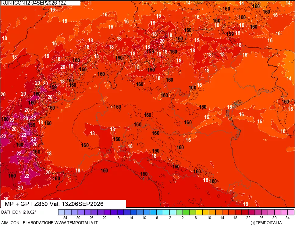 mappa 850 hPa Temp + GPT