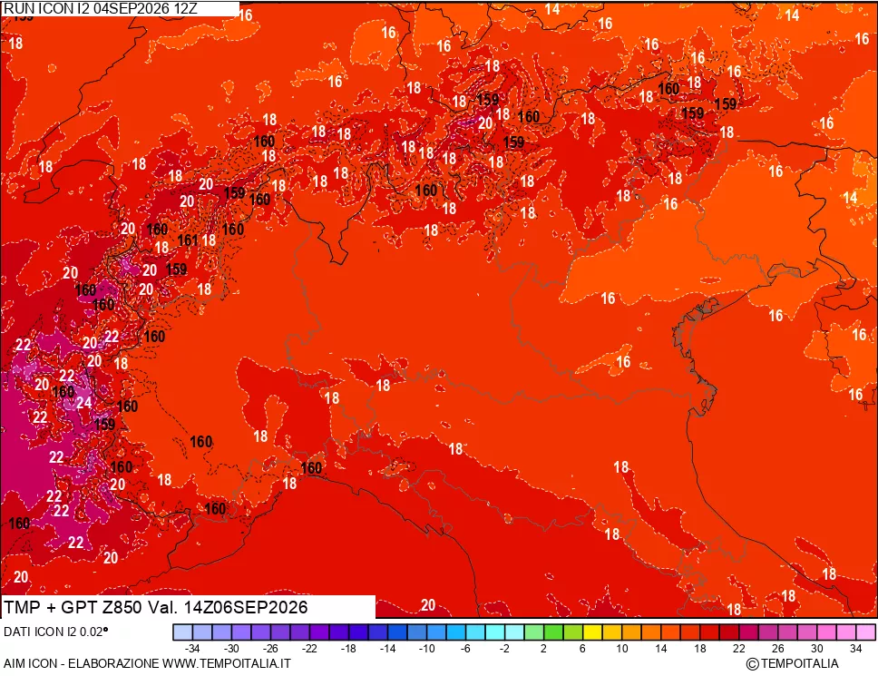 mappa 850 hPa Temp + GPT
