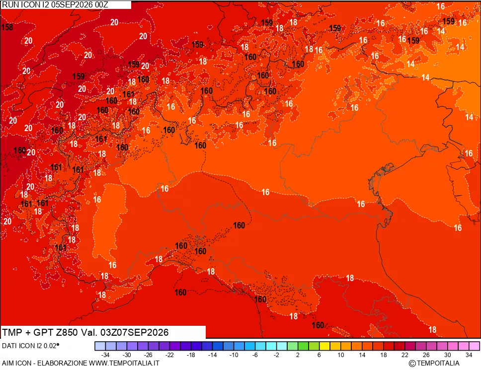 mappa 850 hPa Temp + GPT
