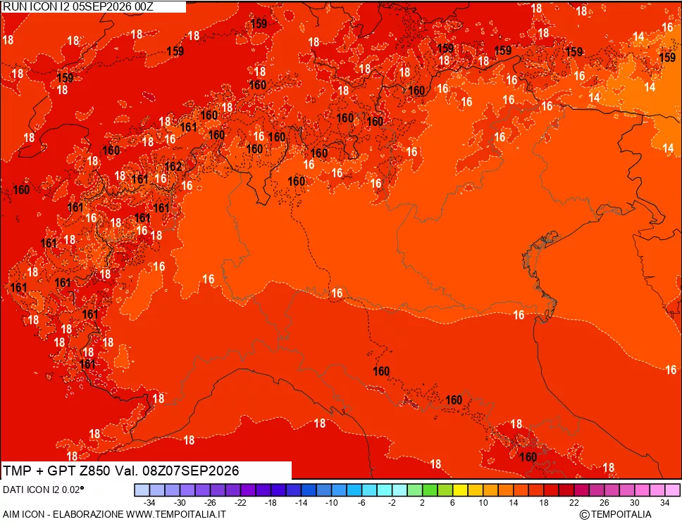 mappa 850 hPa Temp + GPT