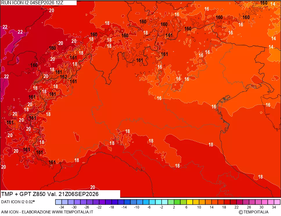 mappa 850 hPa Temp + GPT