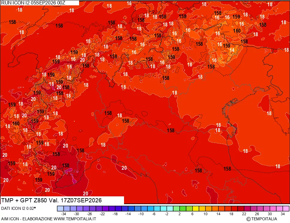 mappa 850 hPa Temp + GPT