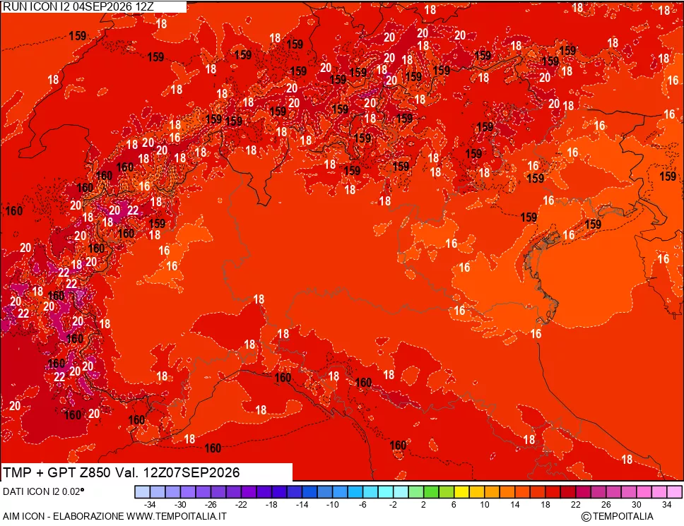 mappa 850 hPa Temp + GPT