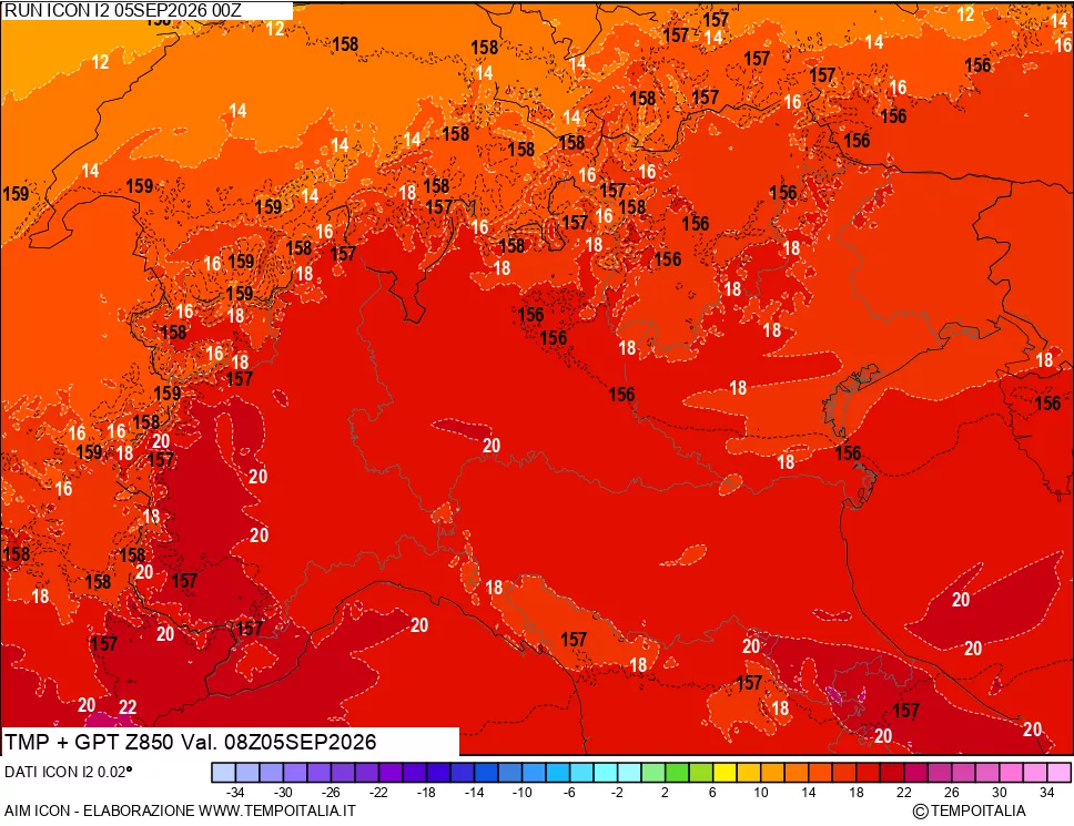 mappa 850 hPa Temp + GPT