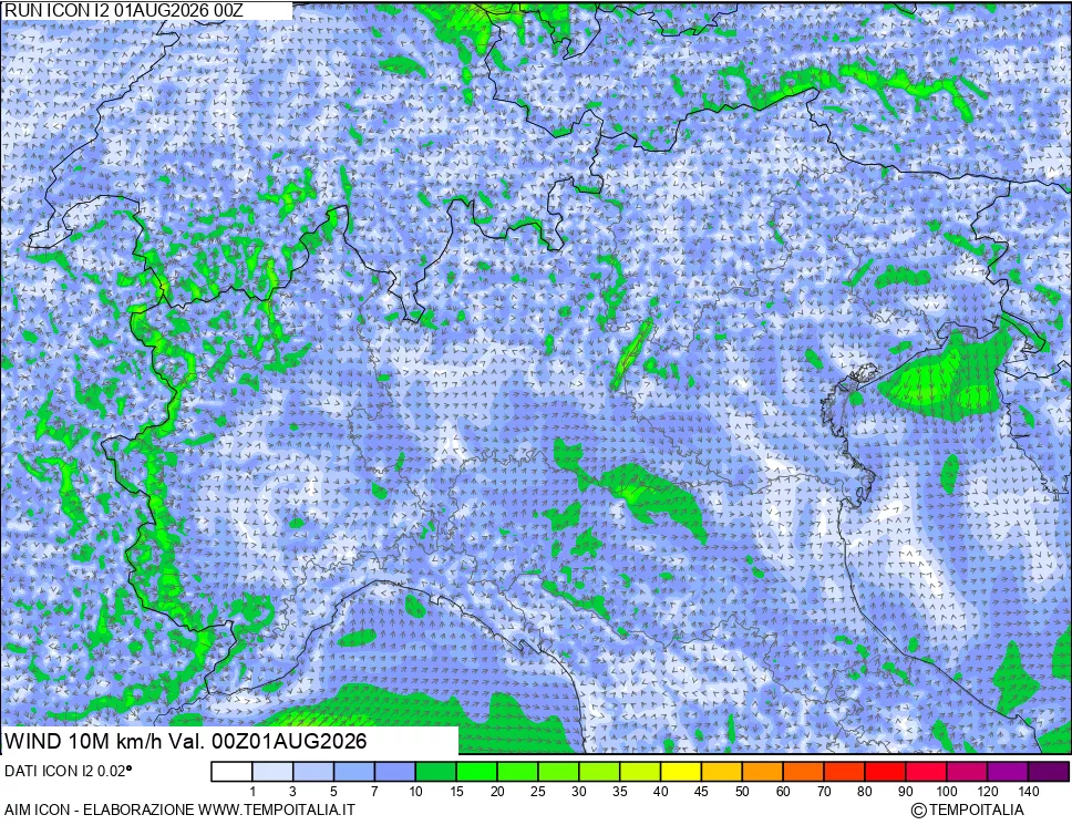 mappa 10 m Vento forza e direzione