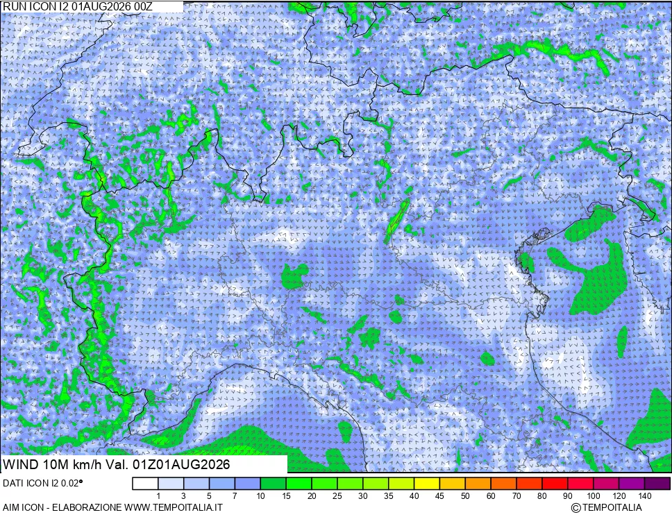 mappa 10 m Vento forza e direzione
