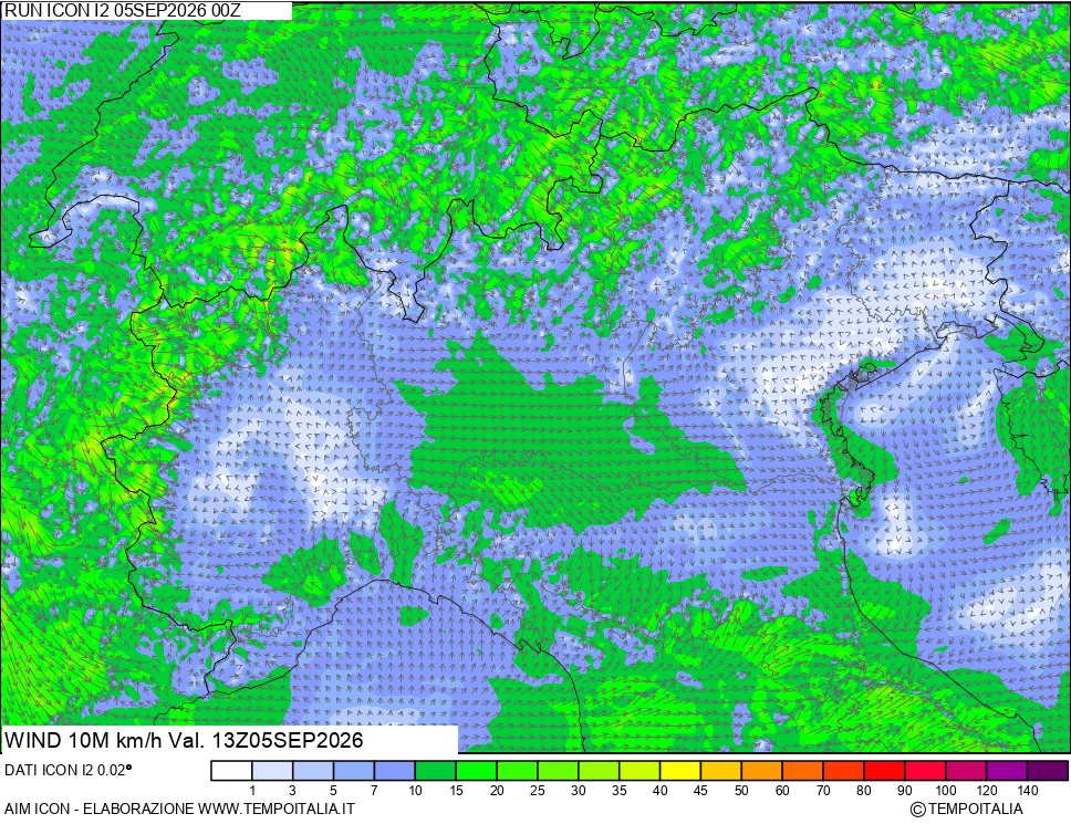 mappa 10 m Vento forza e direzione