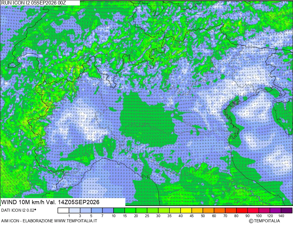 mappa 10 m Vento forza e direzione