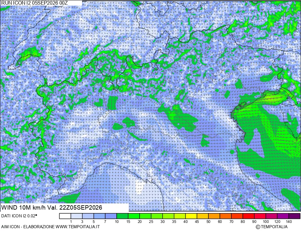 mappa 10 m Vento forza e direzione