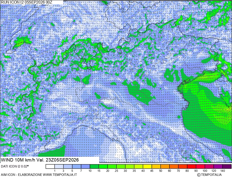 mappa 10 m Vento forza e direzione