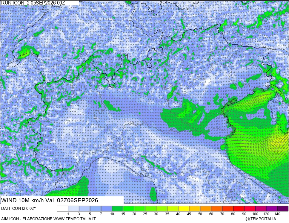 mappa 10 m Vento forza e direzione