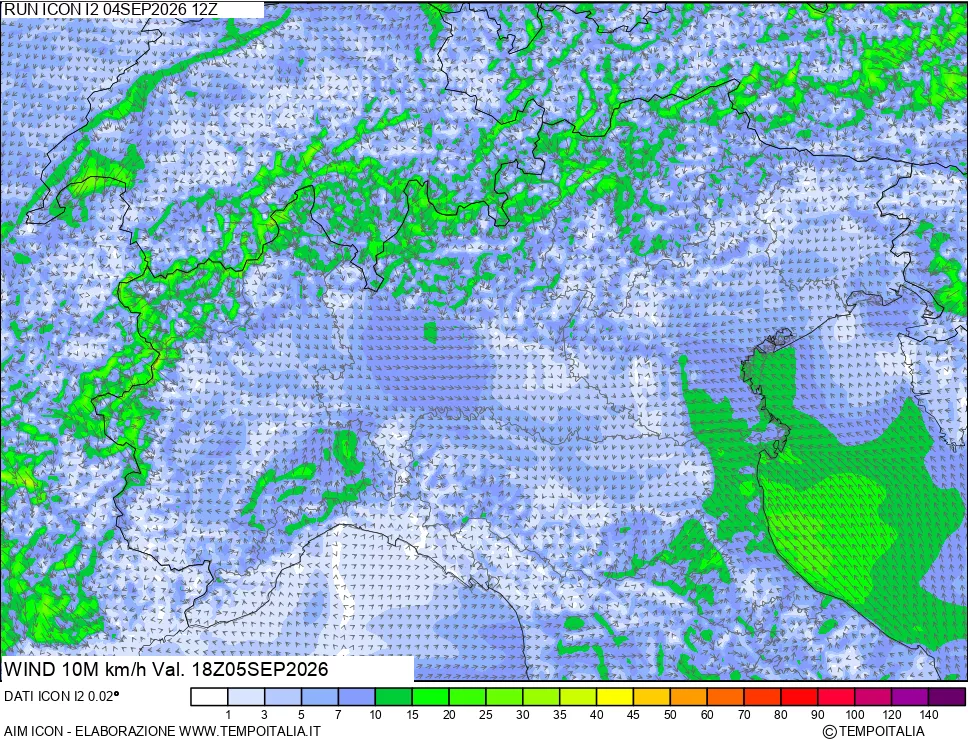 mappa 10 m Vento forza e direzione