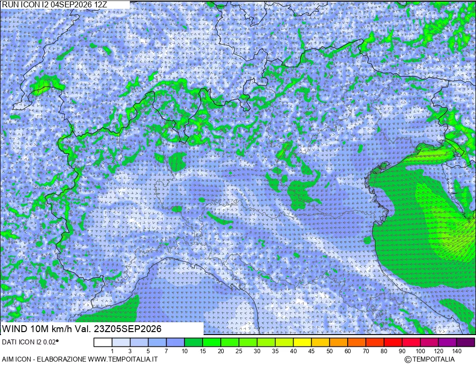 mappa 10 m Vento forza e direzione