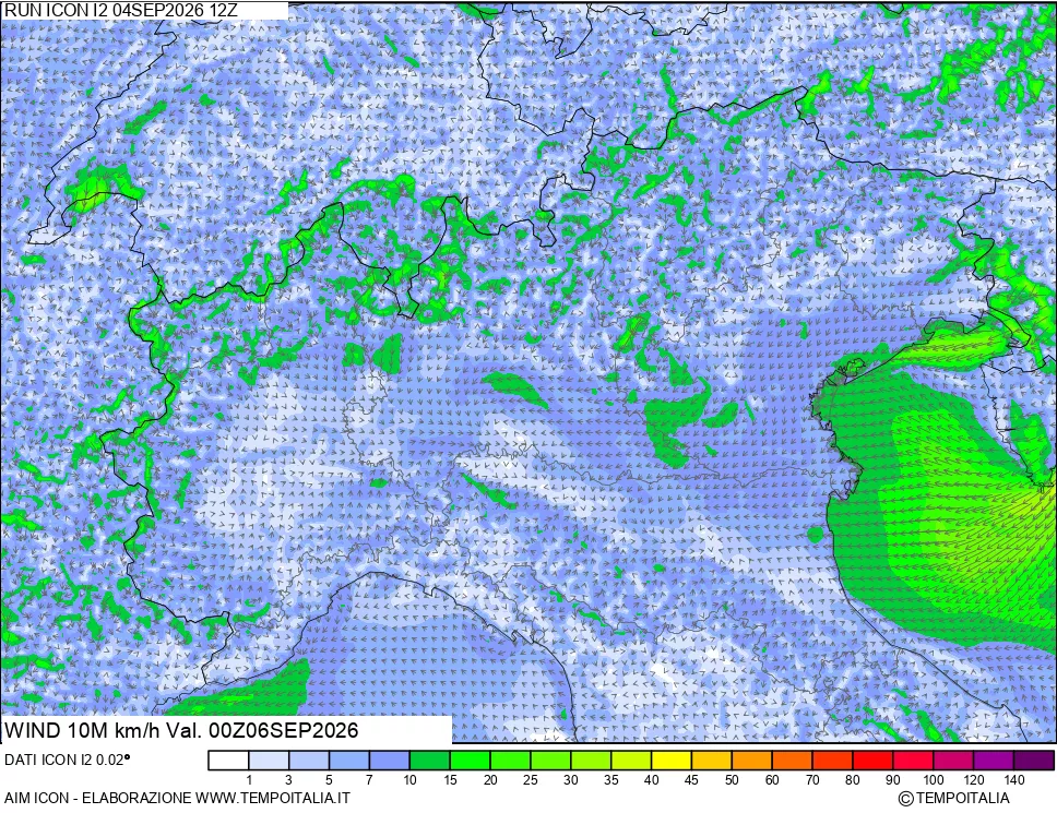 mappa 10 m Vento forza e direzione