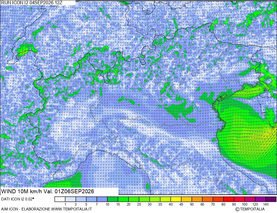 mappa 10 m Vento forza e direzione