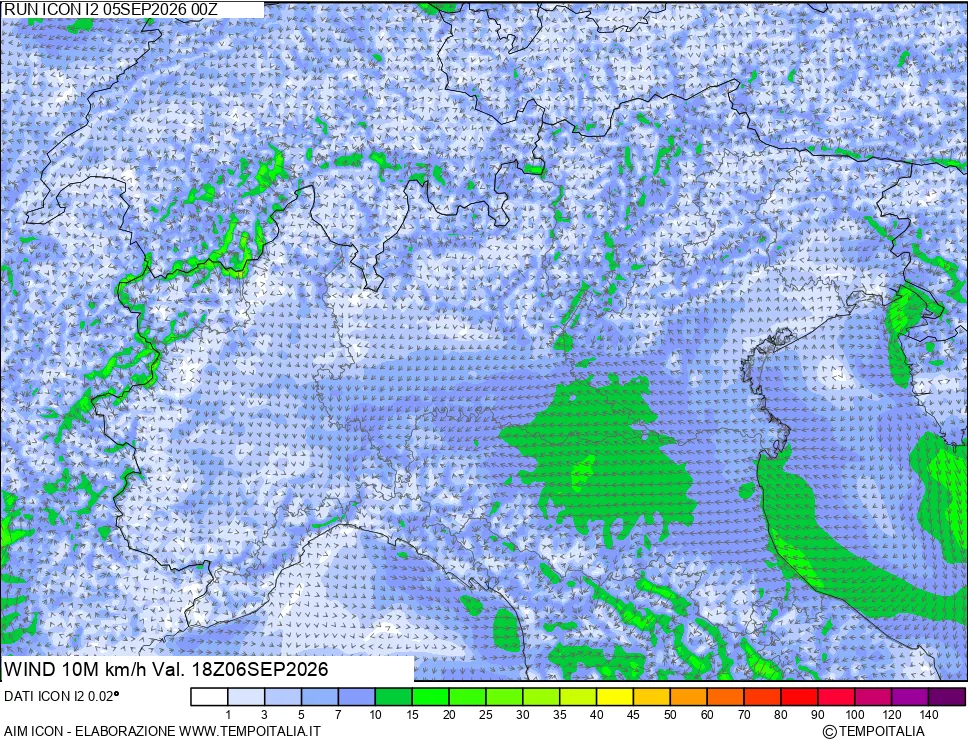 mappa 10 m Vento forza e direzione