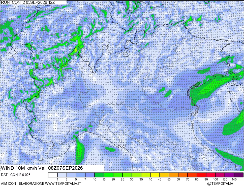 mappa 10 m Vento forza e direzione