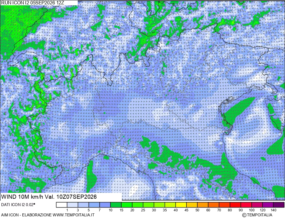 mappa 10 m Vento forza e direzione