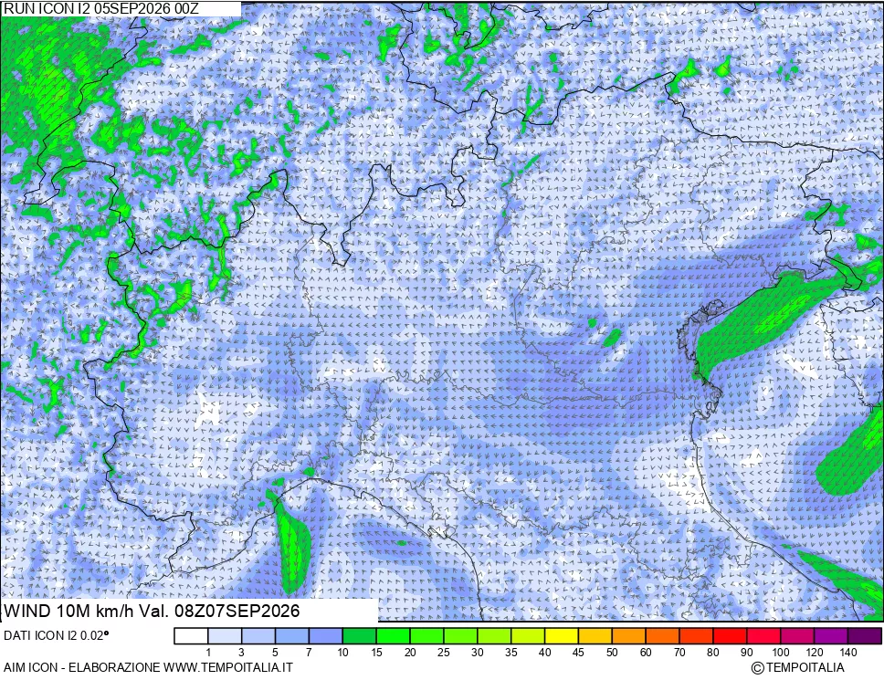 mappa 10 m Vento forza e direzione
