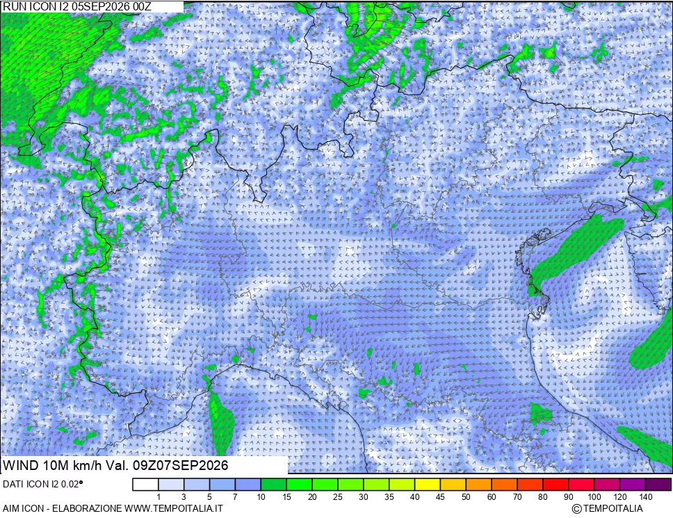 mappa 10 m Vento forza e direzione