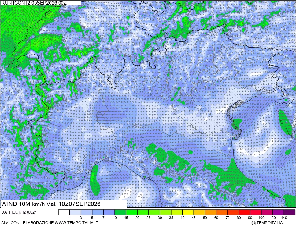 mappa 10 m Vento forza e direzione