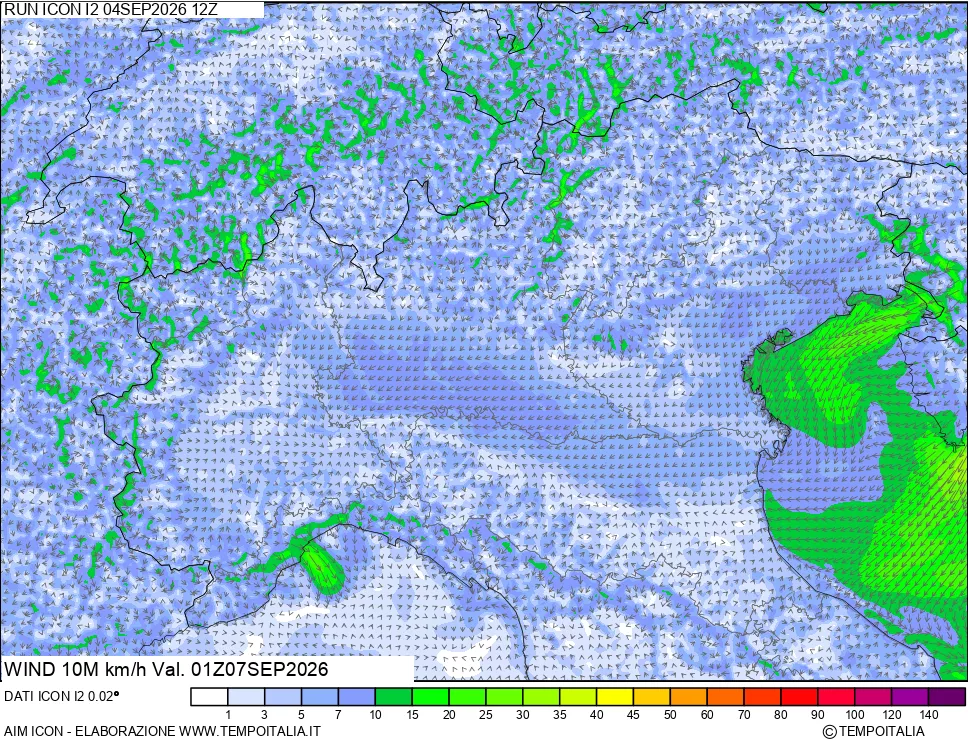 mappa 10 m Vento forza e direzione