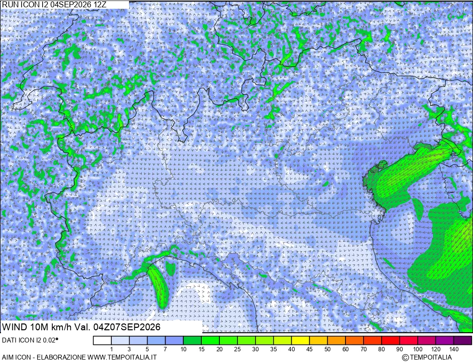 mappa 10 m Vento forza e direzione