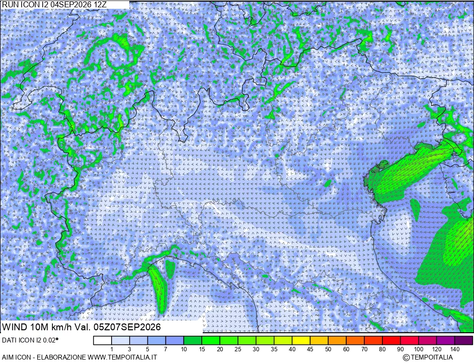 mappa 10 m Vento forza e direzione