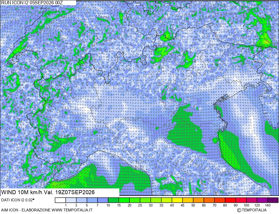 mappa 10 m Vento forza e direzione