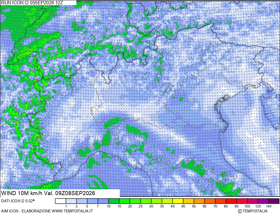 mappa 10 m Vento forza e direzione